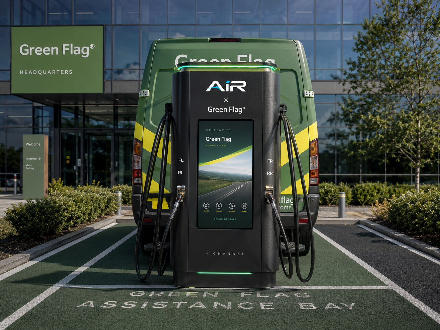 AiR x Green Flag co-branded four-hose AiR station in a Green Flag assistance bay outside Green Flag headquarters