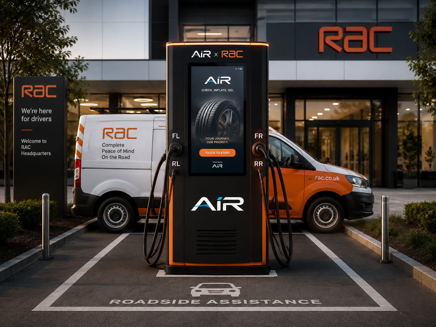 AiR x RAC co-branded four-hose AiR station in an RAC roadside assistance bay outside RAC headquarters