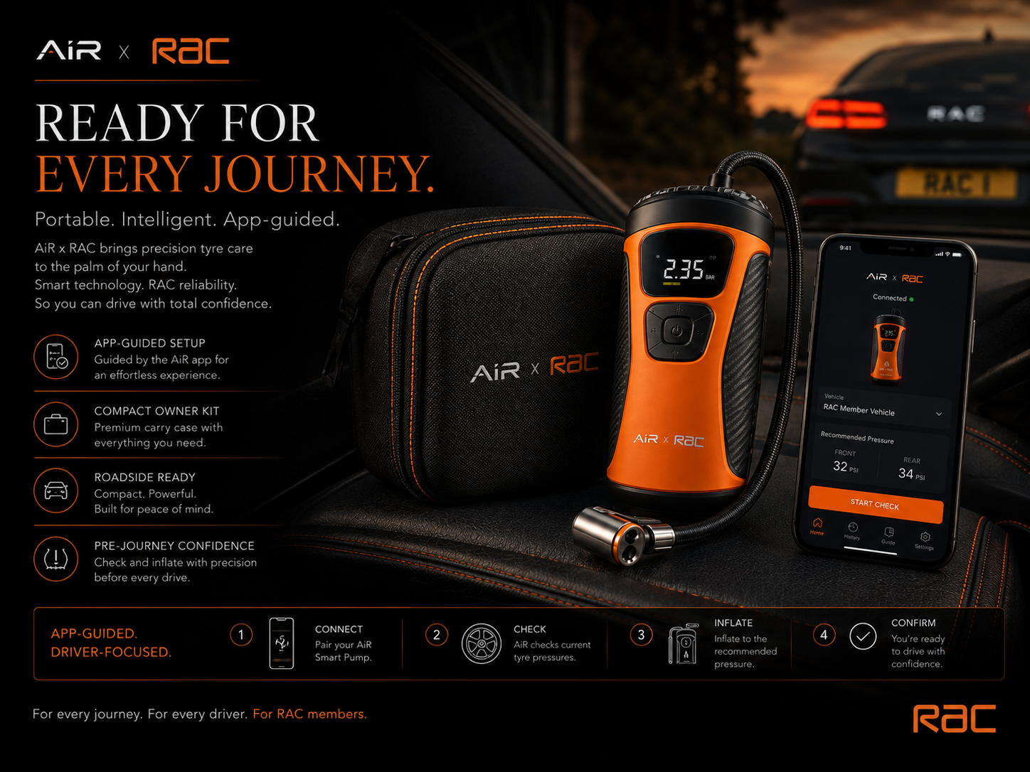 AiR x RAC orange handheld smart pump beside the member app on a phone