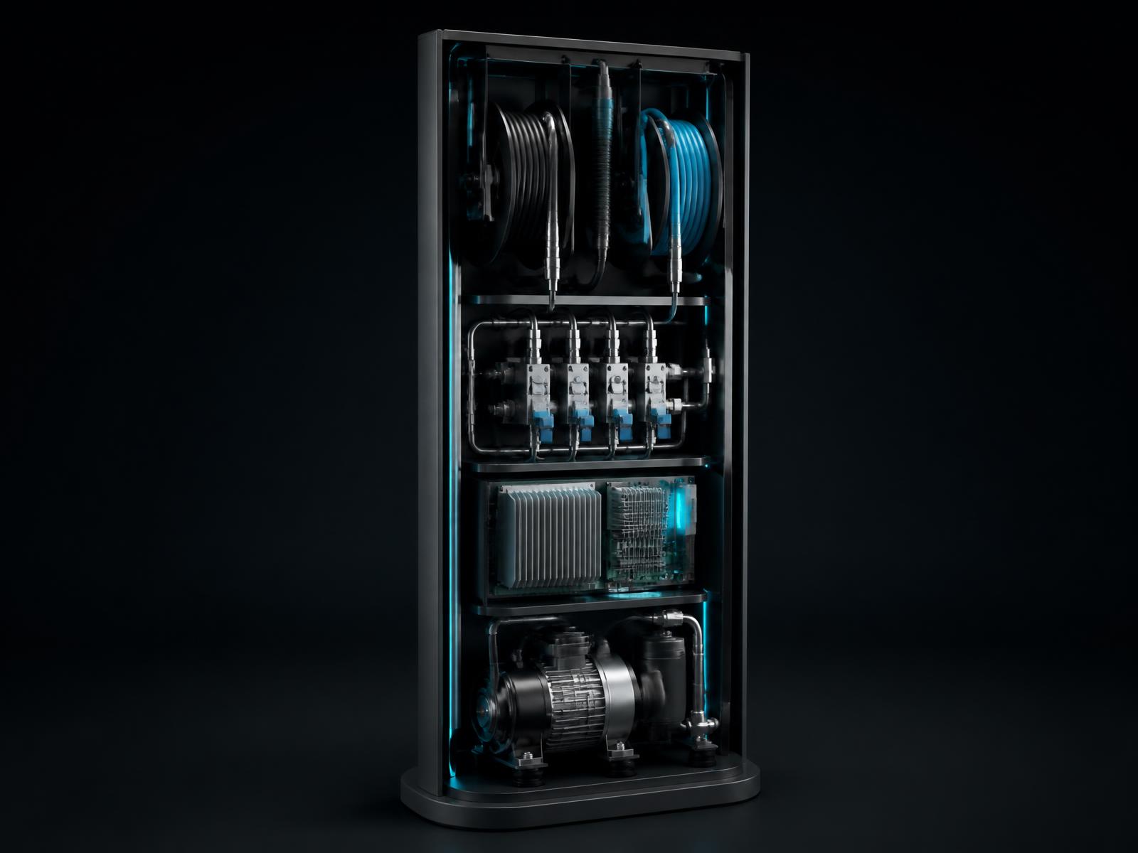 Cutaway of the AiR enclosure showing silent compressor, four-channel manifold, hose reels and the compute module