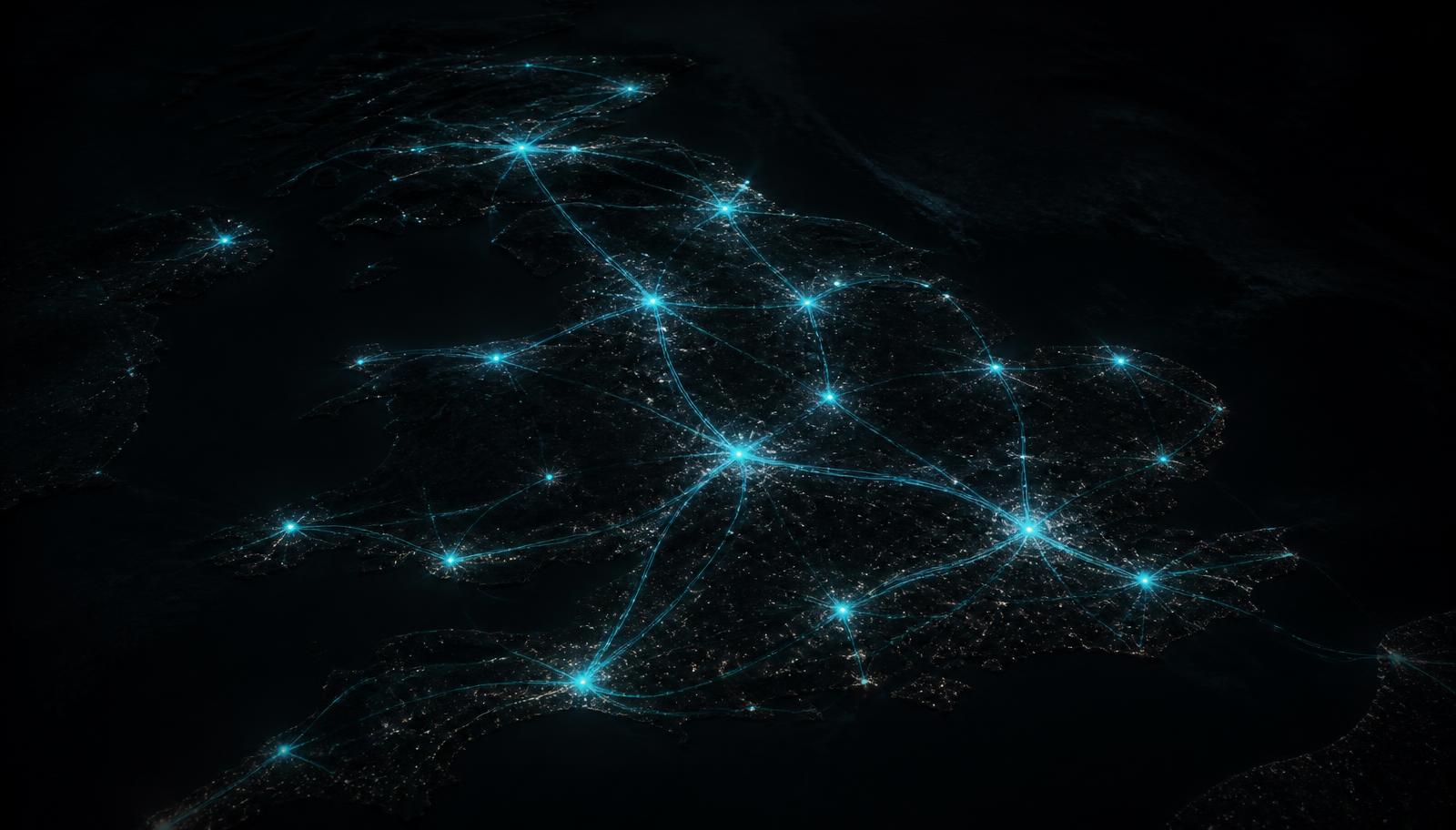 Abstract night view of the UK road network with glowing connected nodes forming a mesh