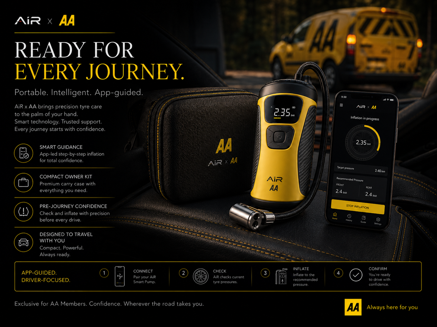 AiR x AA yellow handheld smart pump beside the member app on a phone