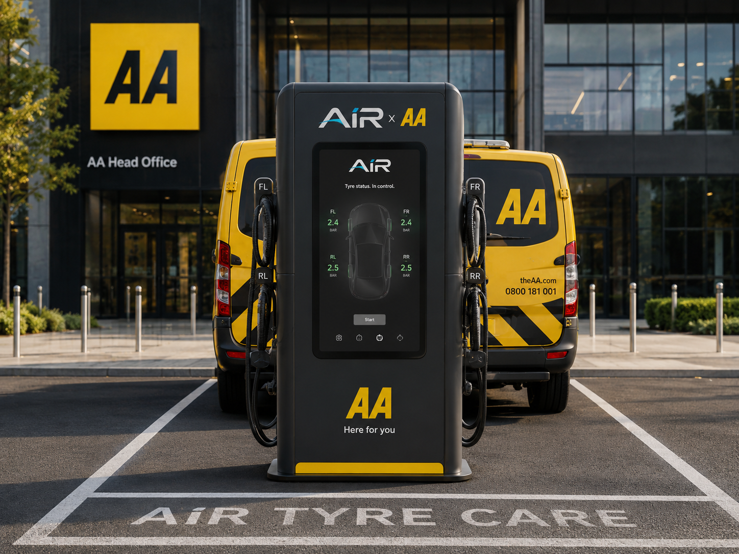 AiR x AA co-branded four-hose AiR station in an AiR Tyre Care bay outside AA head office