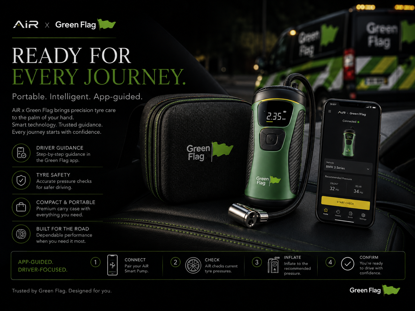 AiR x Green Flag green handheld smart pump beside the member app on a phone
