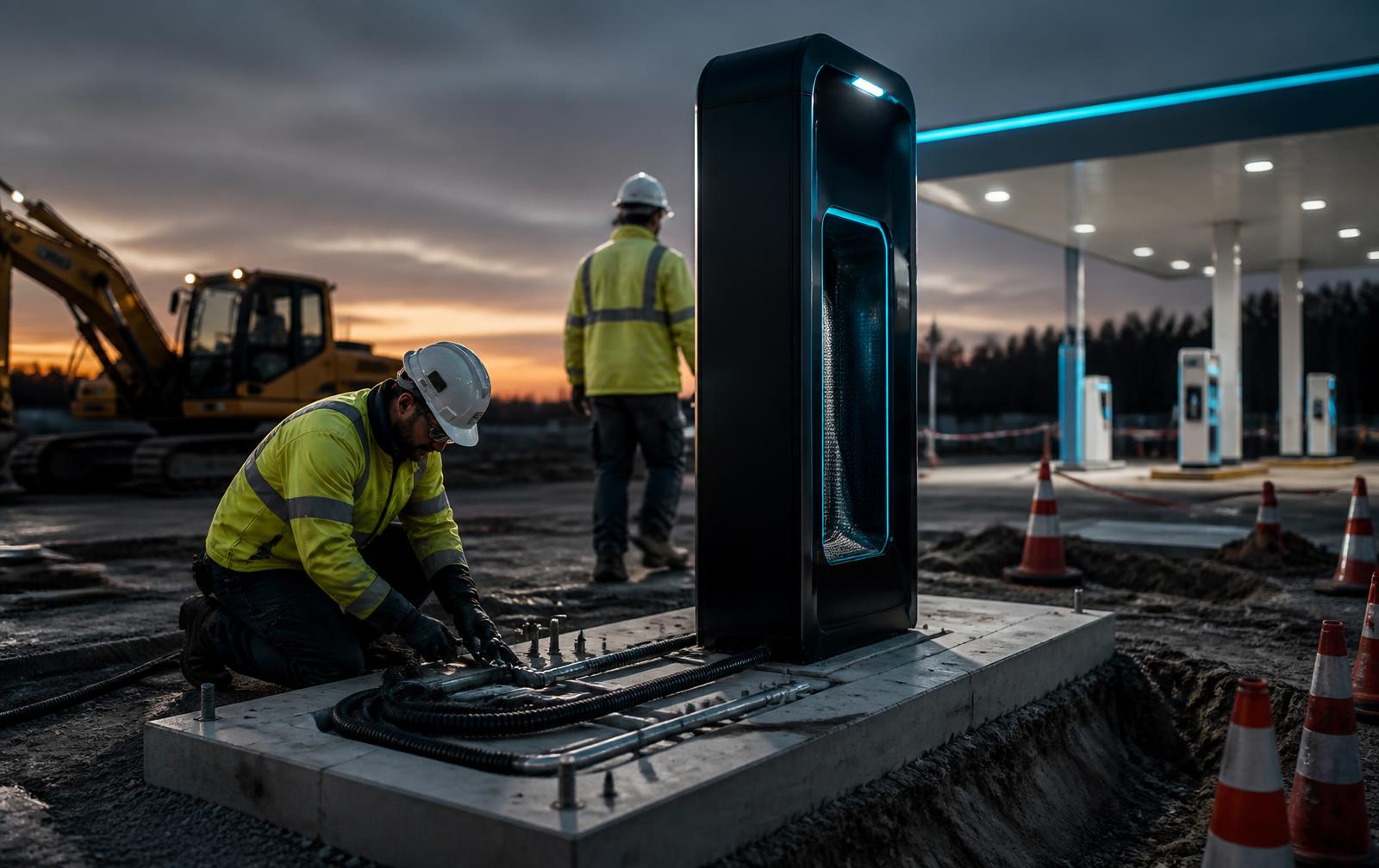 Engineers installing an AiR unit on a concrete plinth with a single power feed
