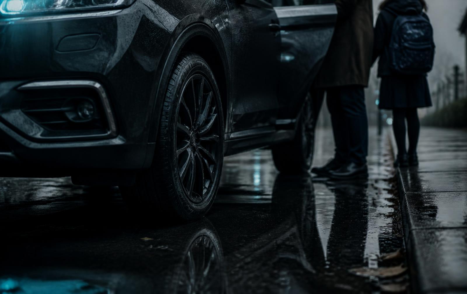 A family car at a wet kerbside on the school run, front tyre in focus